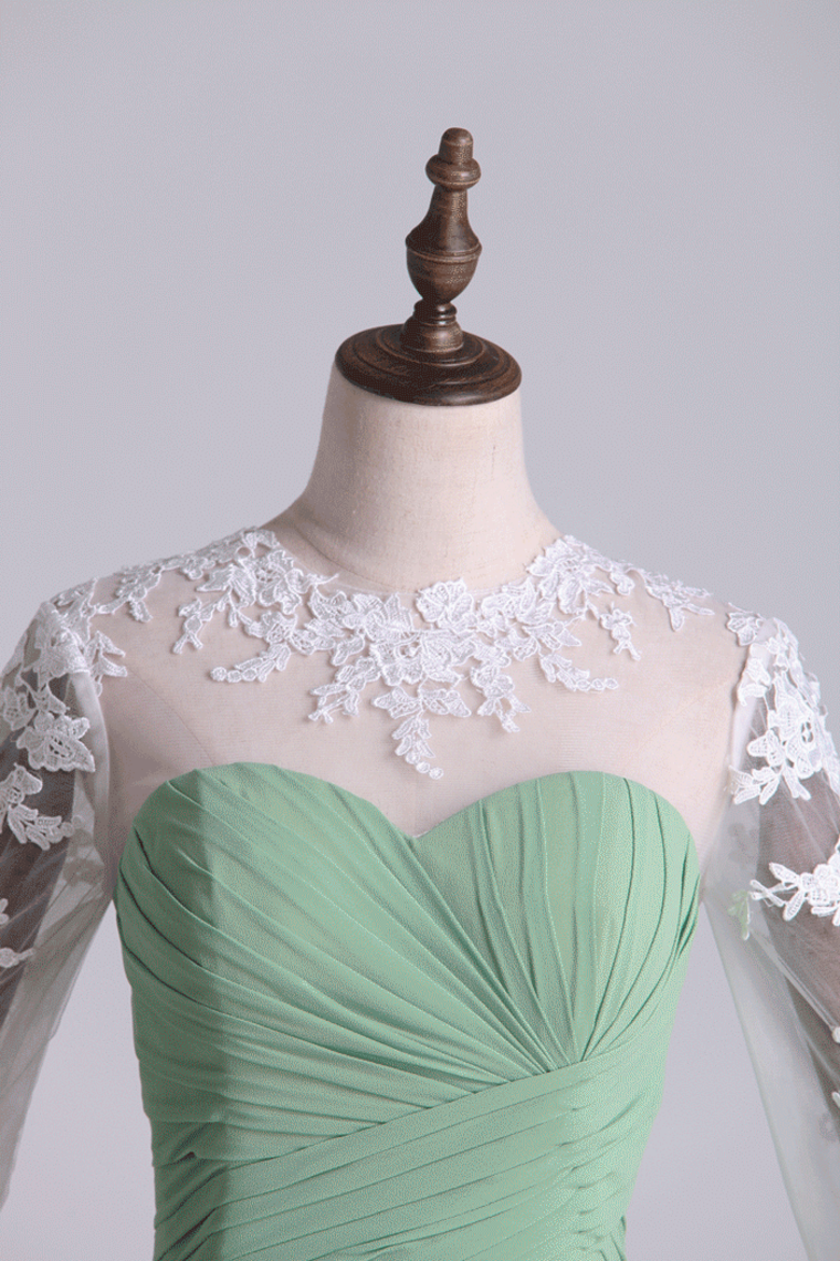 2022 Scoop Long Sleeves Column Prom Dresses With Applique & Ruffles Chiffon