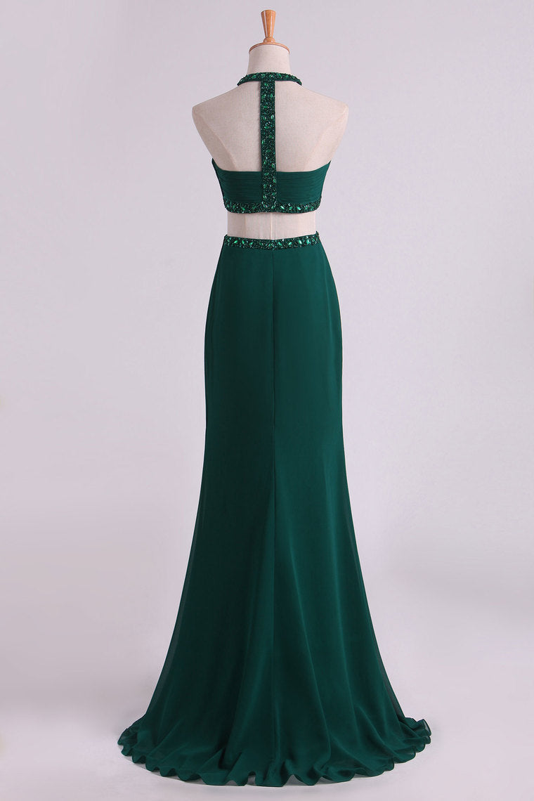 2022 Sexy Open Back Prom Dresses Scoop Chiffon With Ruffles And Beads