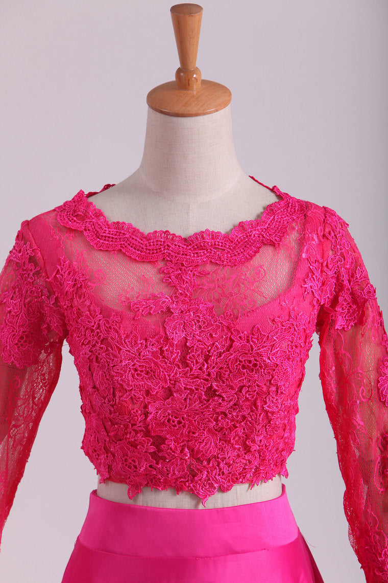 2022 Two-Piece Bateau Long Sleeves A Line Prom Dresses Satin