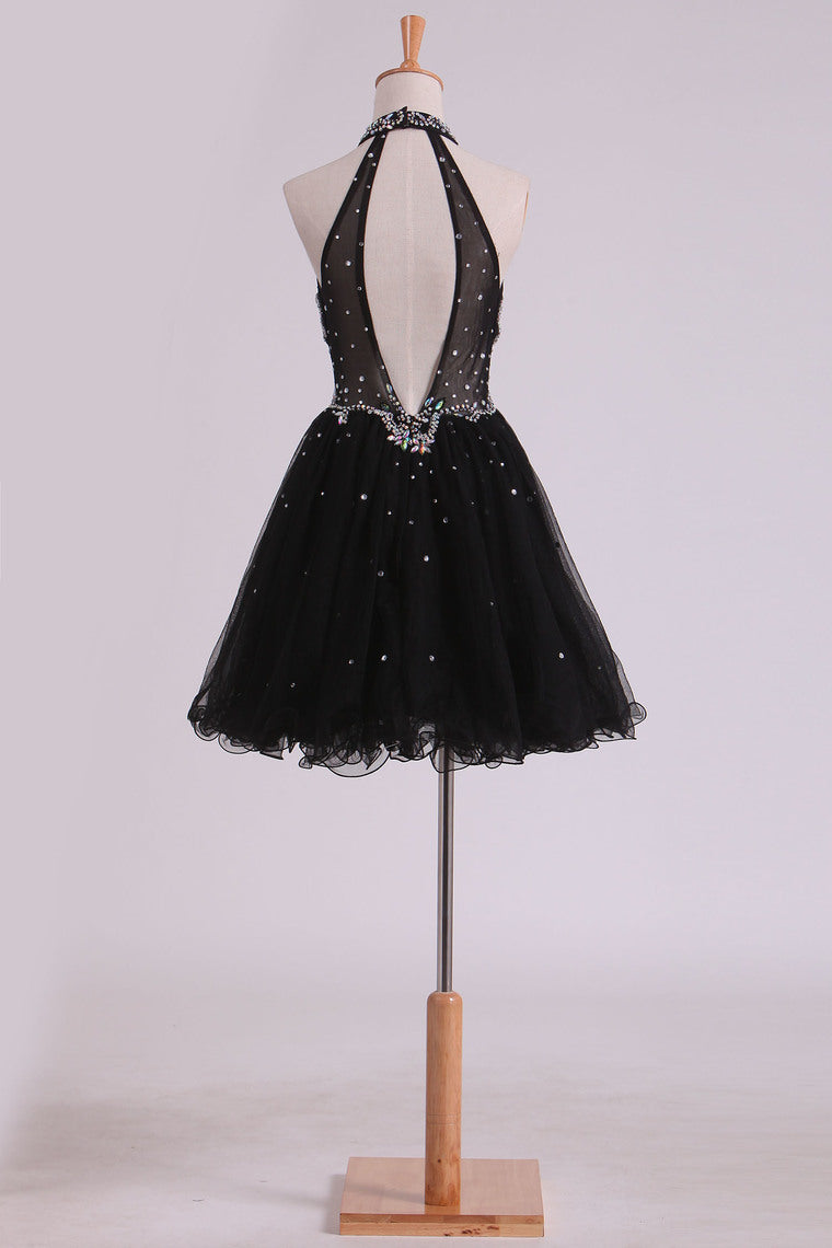 2022 High Neck A Line Open Back Tulle With Beads Homecoming Dresses