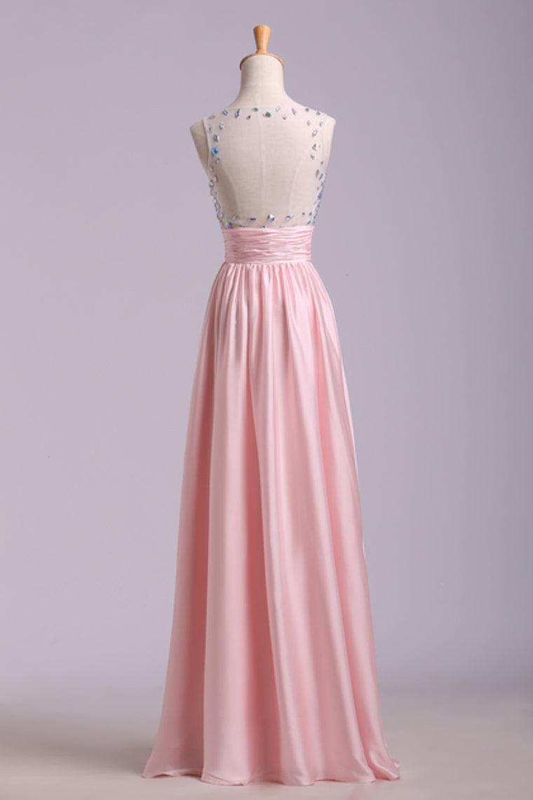 2022 Sexy Prom Dresses Scoop Neckline Princess Floor Length Chiffon Beaded Bodice