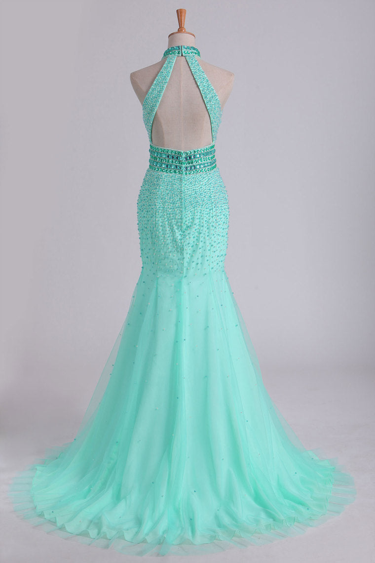 2022 High Neck Mermaid Prom Dresses Beaded Bodice Open Back Tulle