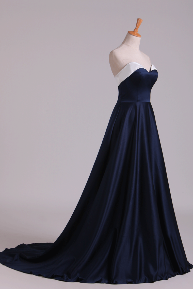 2022 Bicolor Prom Dresses Sweetheart A Line Satin Court Train