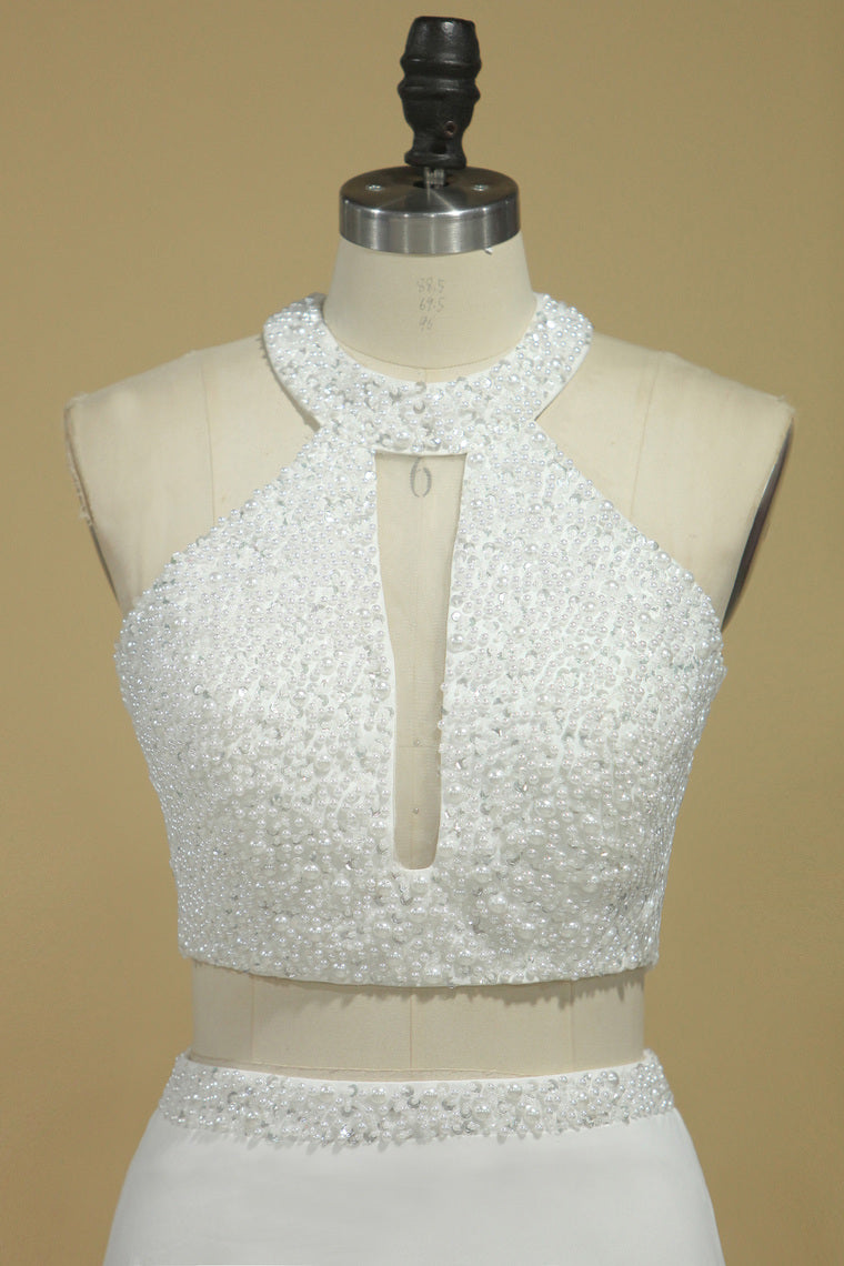 2022 Chiffon Prom Dresses A Line Halter Two-Piece Beaded Bodice Open Back