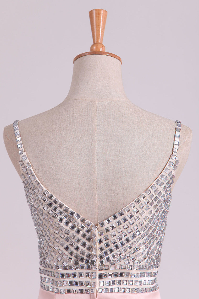 2022 Spaghetti Straps Mermaid Prom Dresses Satin With Beading Sweep Train