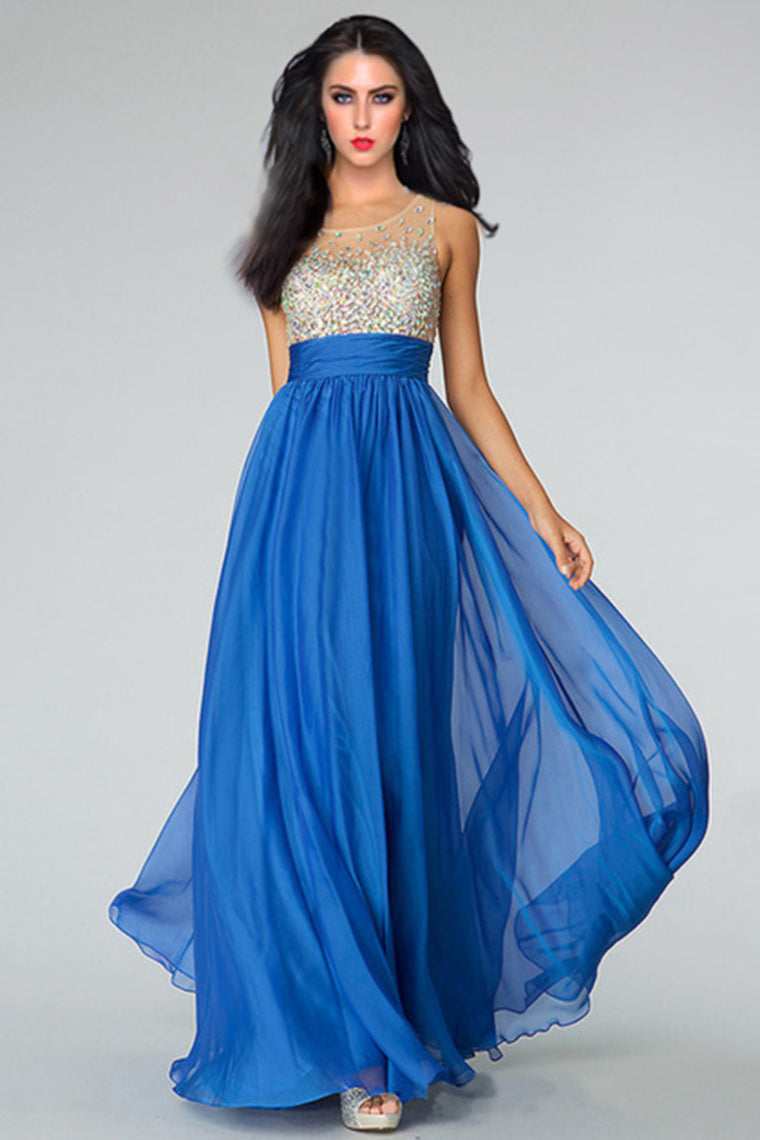 2022 Sexy Prom Dresses Scoop Neckline Princess Floor Length Chiffon Beaded Bodice