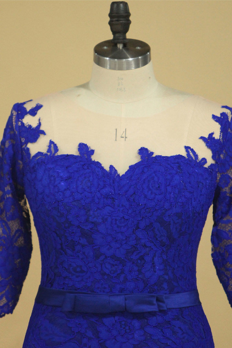 2022 Plus Size Scoop Sheath Half Sleeve With Sash Dark Royal Blue Lace Mother Of The Bride Dresses