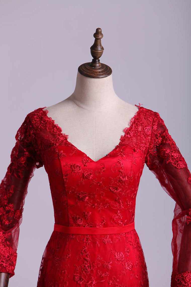 2022 V-Neck Evening Dresses Mermaid With Applique Lace And Tulle