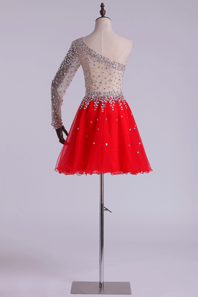 2022 One Sleeve A-Line Homecoming Dresses With Rhinestones Tulle