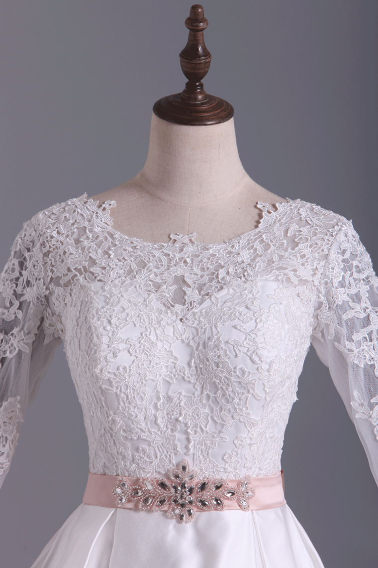 2022 Open Back Scoop With Applique And Sash A Line Satin Wedding Dresses