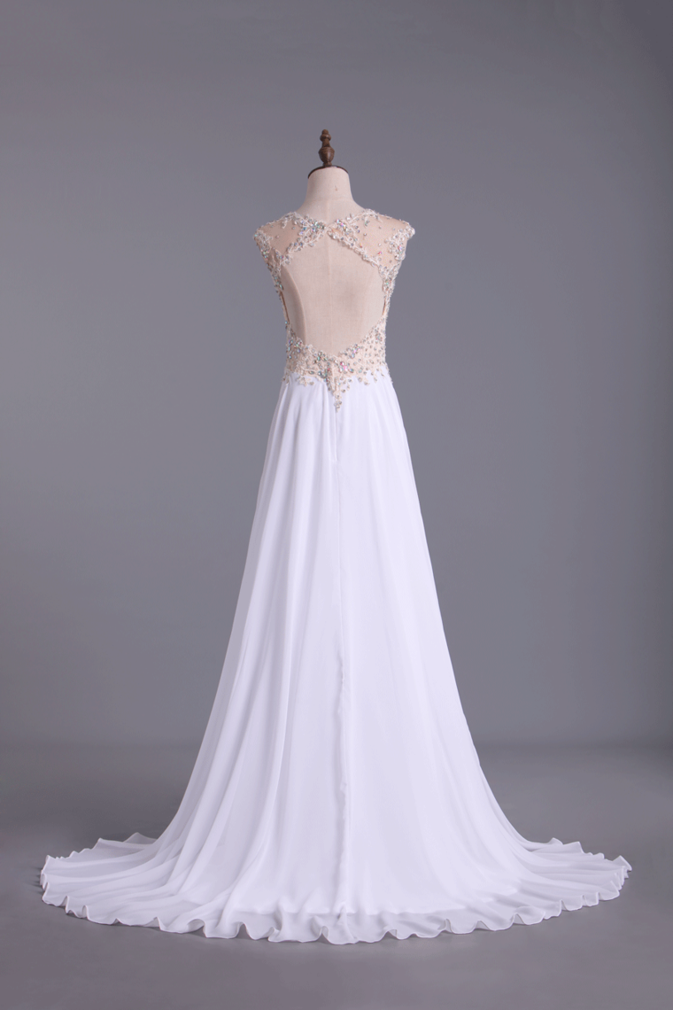 2022 Scoop Neckline Off The Shoulder Prom Dresses White Floor Length Chiffon With Gold Embroidery