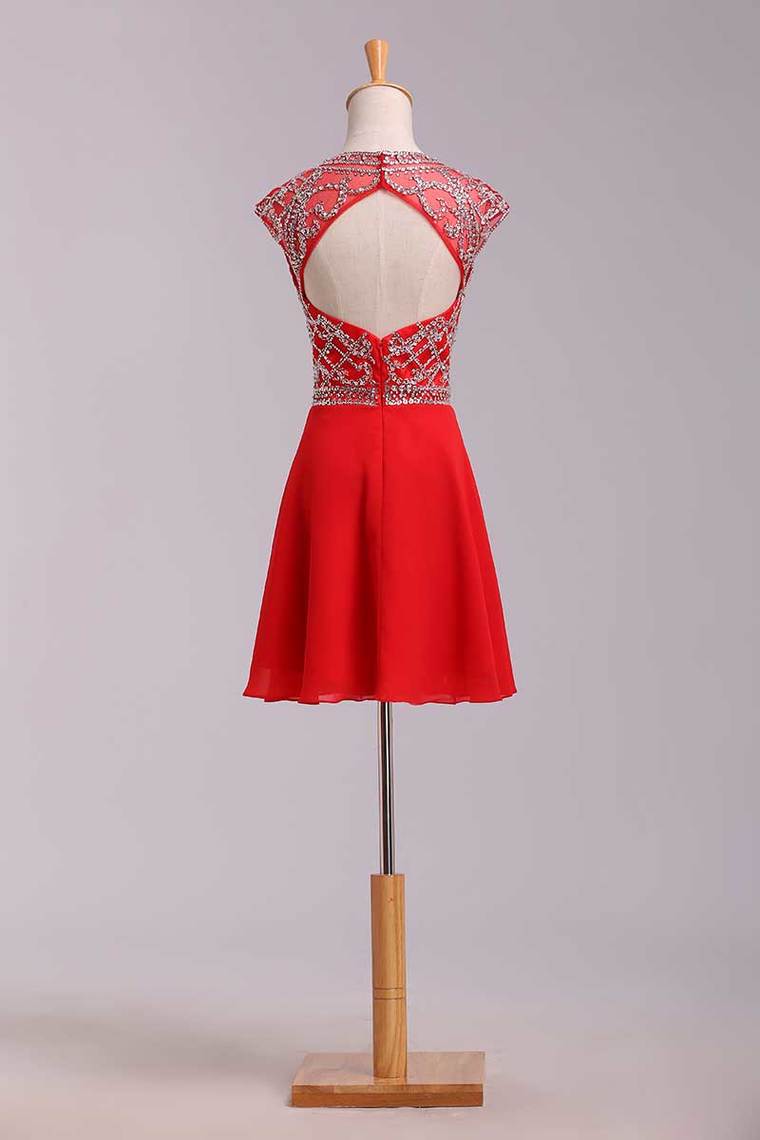 2022 Unique Homecoming Dresses A Line Scoop Short/Mini With Beadings Chiffon