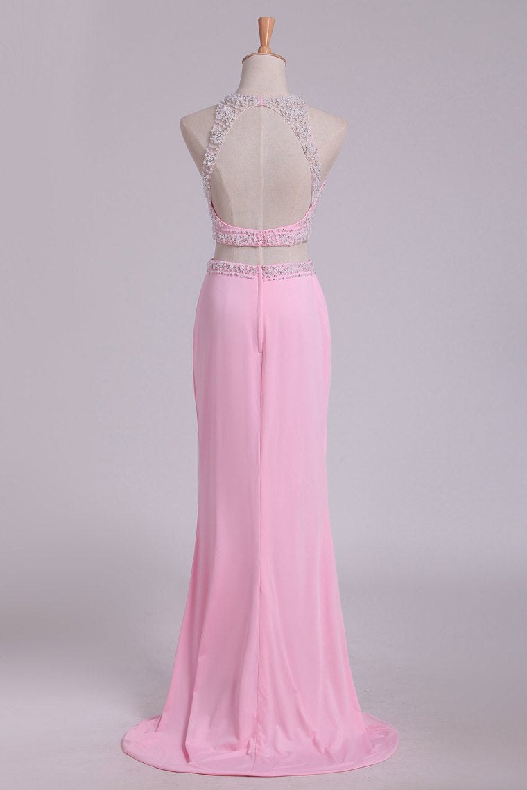 2022 Two Pieces Column Scoop Prom Dresses With Beads And Pearls Spandex & Tulle