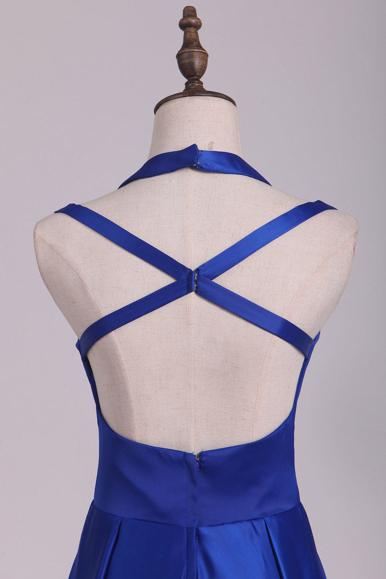 2022 Scoop Prom Dresses A Line Open Back Stretch Satin With Slit Floor Length