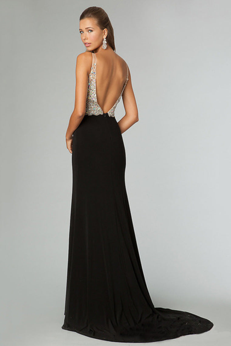 2022 Full Beaded Tulle Bodice Backless Sexy Prom Dress Court Train Black