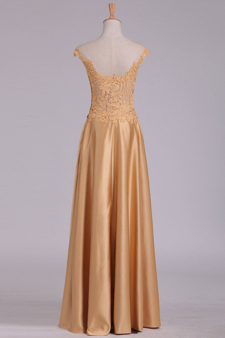 2022 Beteau A Line Satin Prom Dresses With Applique Floor Length
