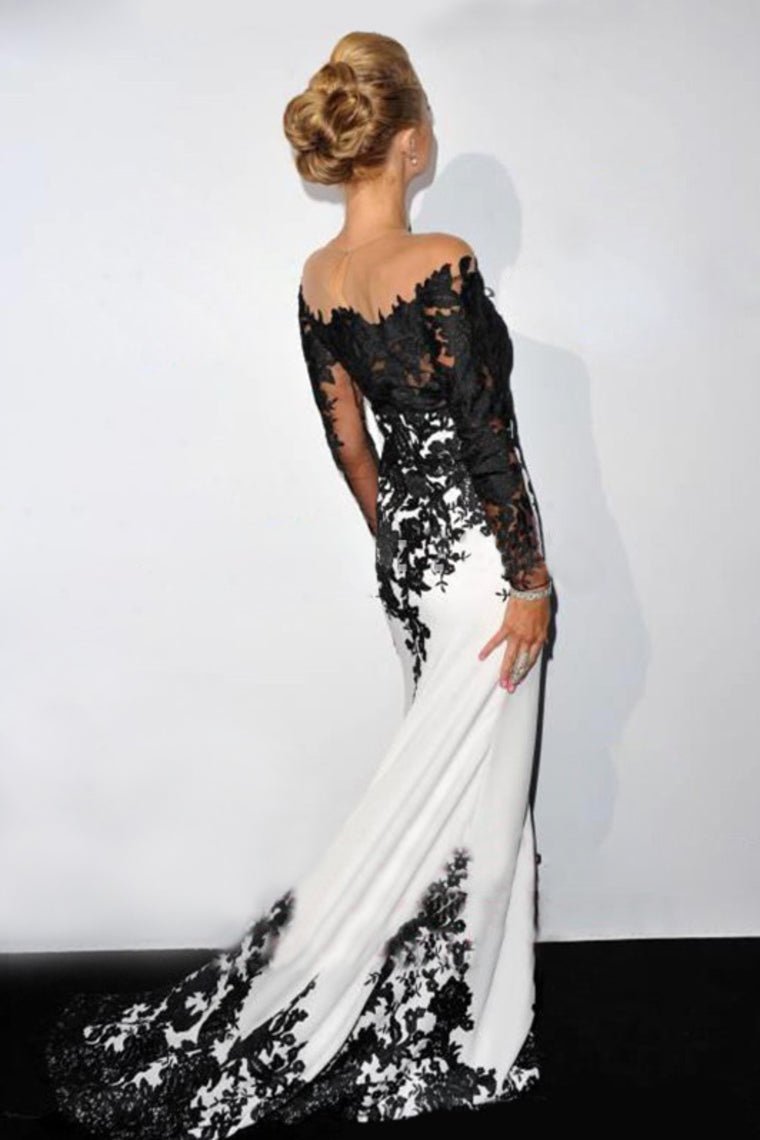 2022 Long Sleeves Prom Dresses Boat Neck Spandex With Applique Sweep Train