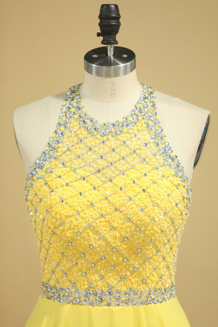 2022 A Line Prom Dresses Halter Beaded Bodice Open Back Sweep Train Chiffon & Tulle Daffodil
