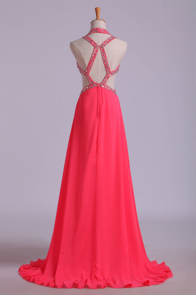 2022 Chiffon Halter Prom Dress Sexy A Line Court Train