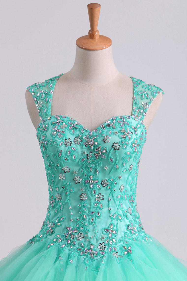 2022 Mint Sweetheart Floor Length Beaded Bodice Quinceanera Dresses Tulle Ball Gown
