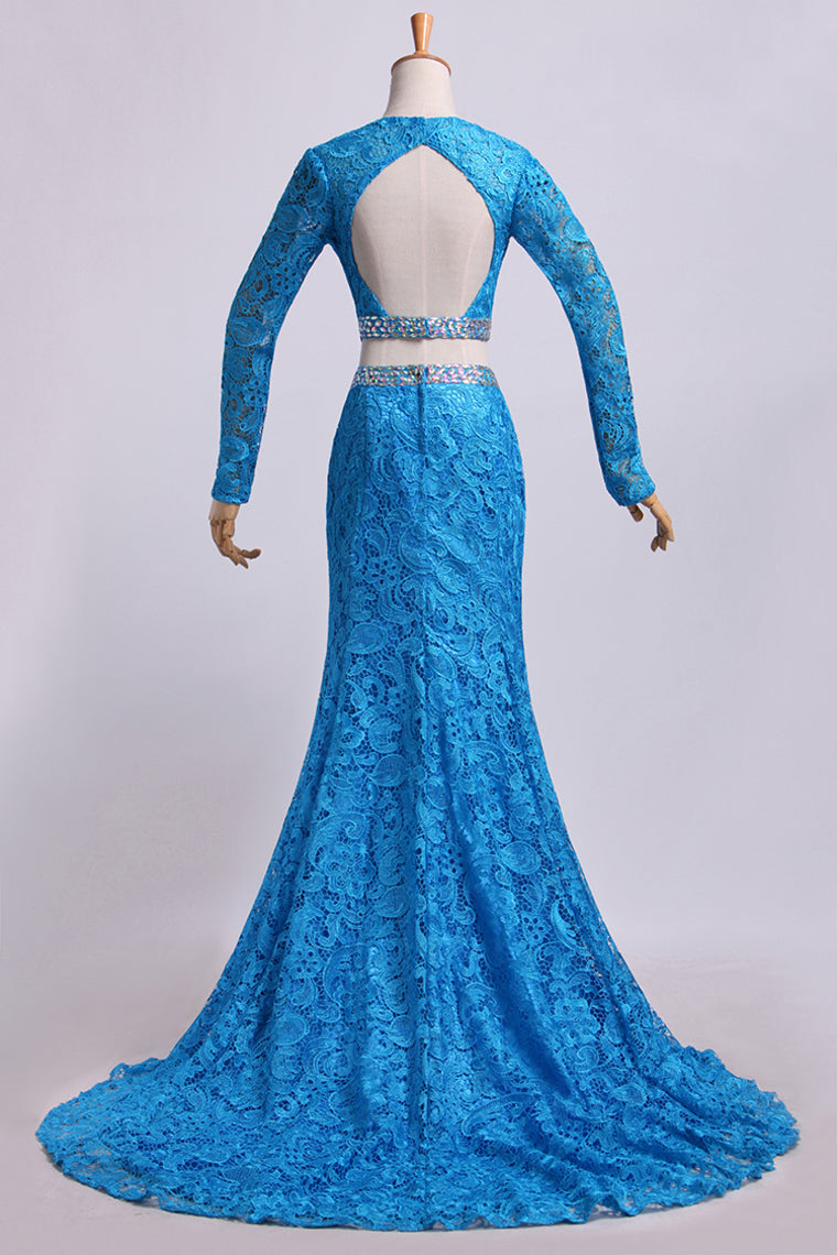 2022 Two Pieces Prom Dresses Long Sleeves Scoop Trumpet Court Train Lace