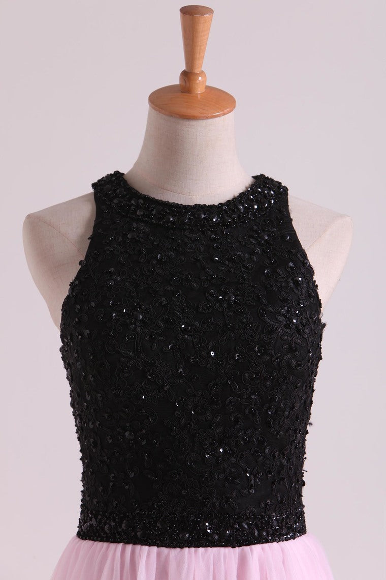 2022 Bicolor Prom Dresses A-Line Scoop Floor-Length Tulle Black Bodice Zipper Back