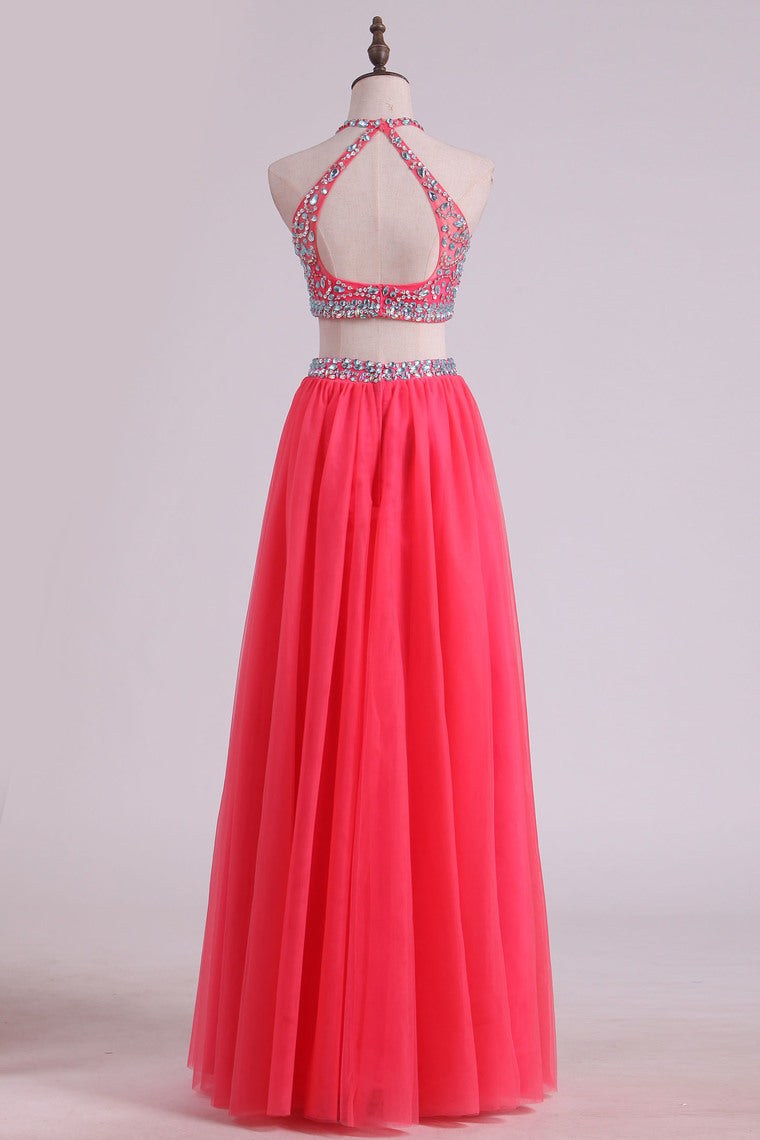 2022 Two Pieces Halter Prom Dresses A Line Tulle With Beading Floor Length
