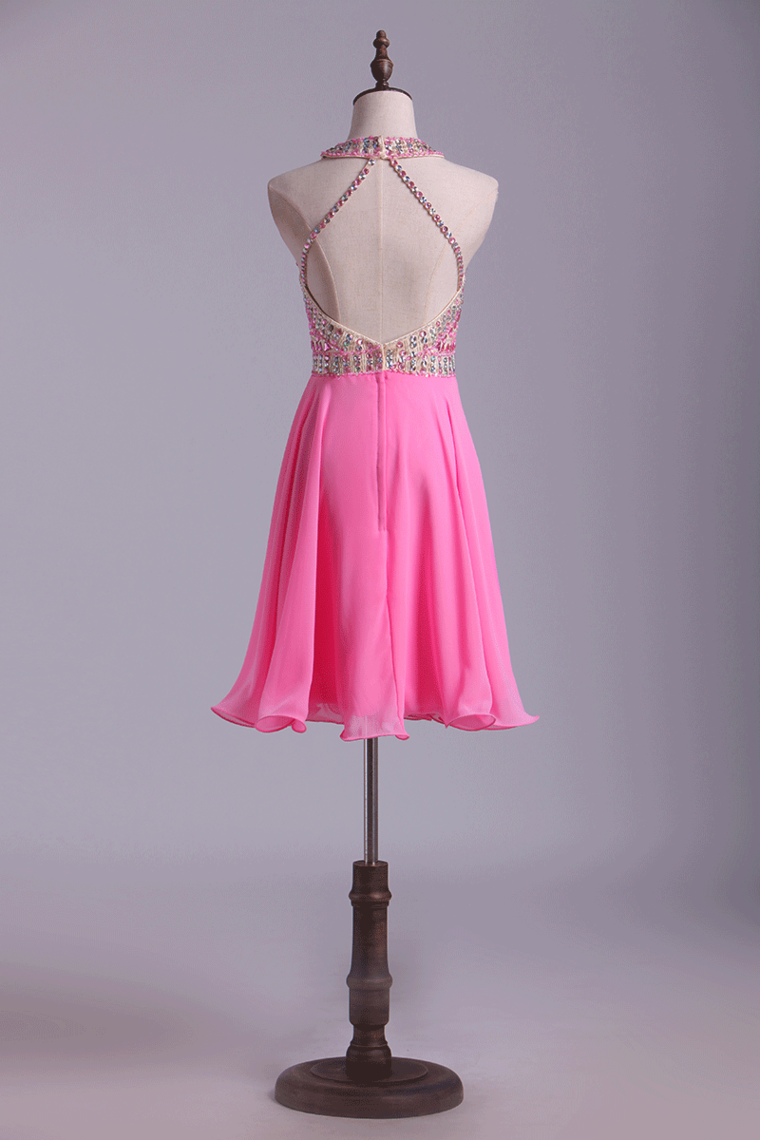 2022 Bicolor Halter Homecoming Dresses A Line Tulle & Chiffon Beaded Bodice