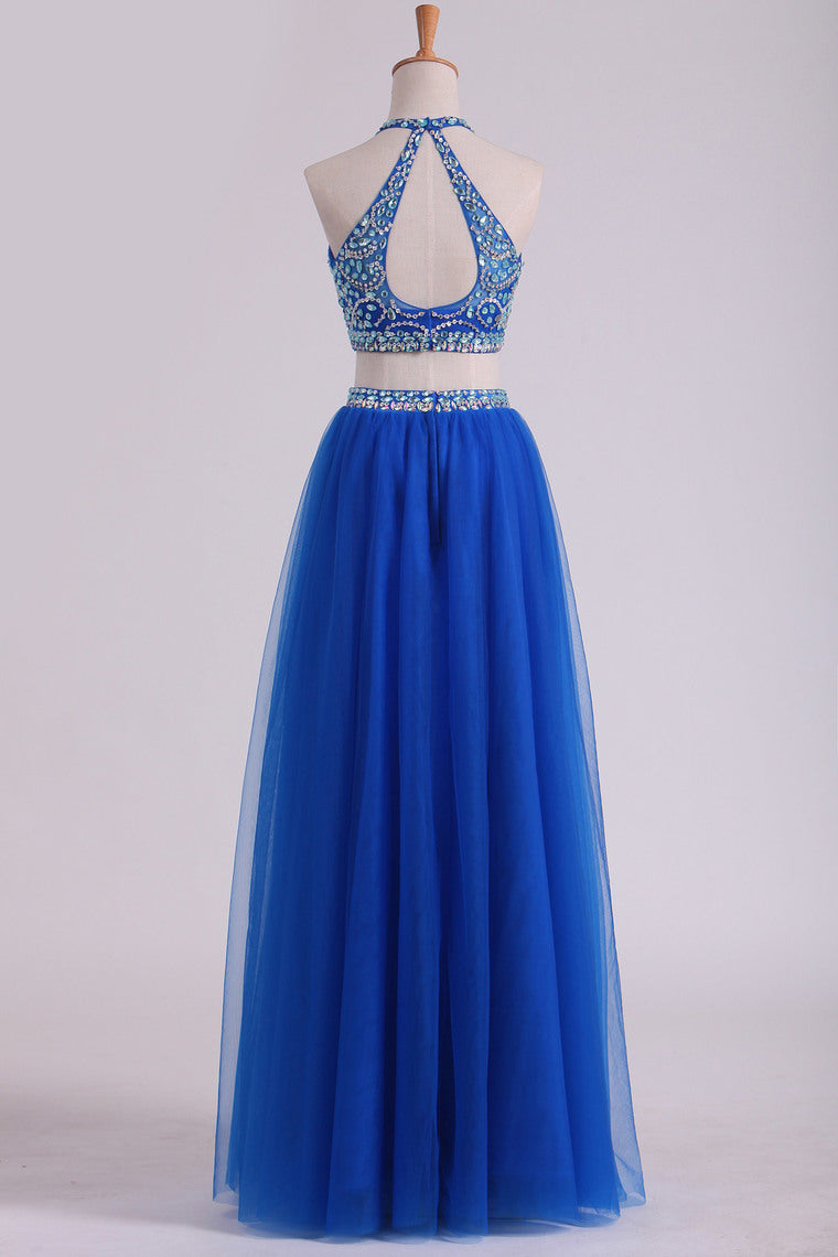 2022 Halter Two Pieces A Line Prom Dresses Beaded Bodice Tulle Floor Length