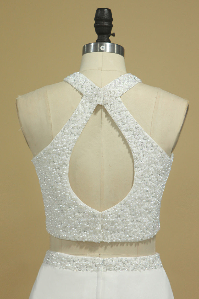 2022 Chiffon Prom Dresses A Line Halter Two-Piece Beaded Bodice Open Back