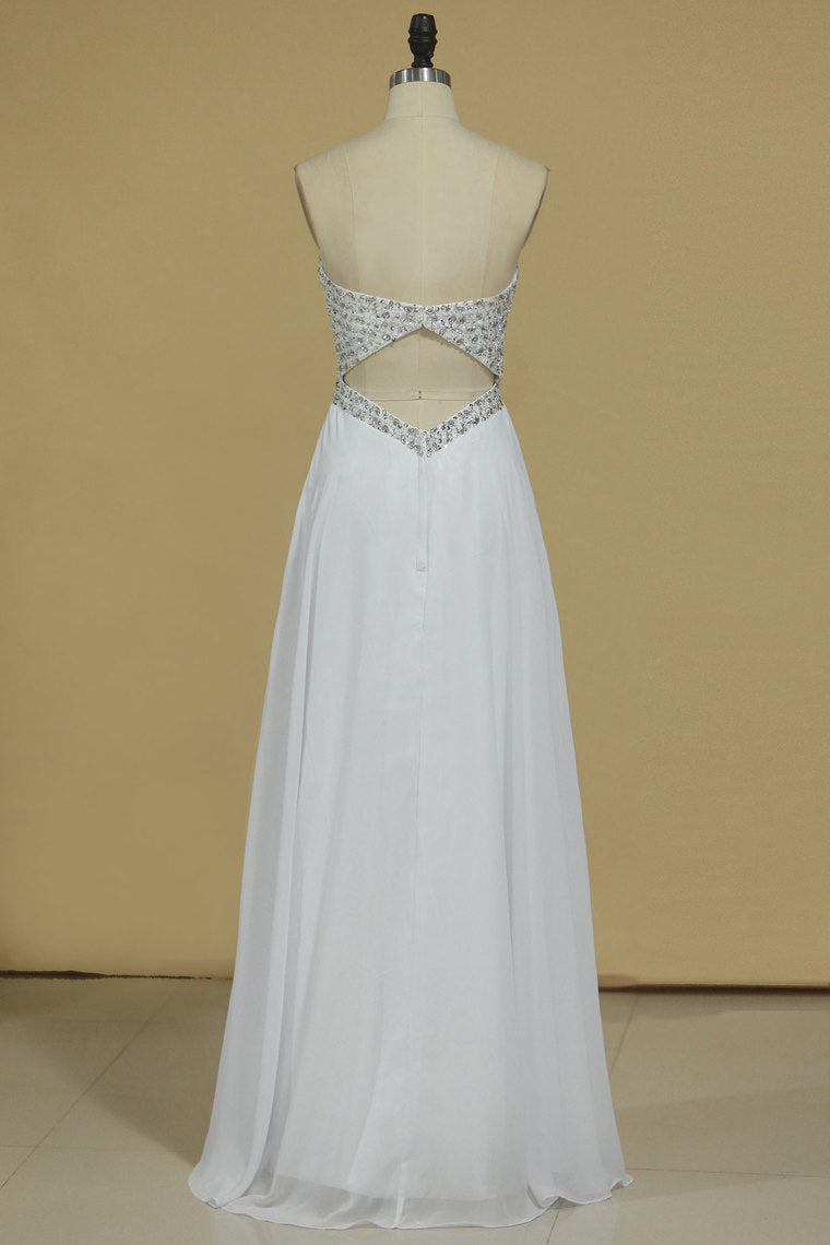 2022 Sweetheart Prom Dress Open Back Beaded Bodice A Line Floor Length Chiffon