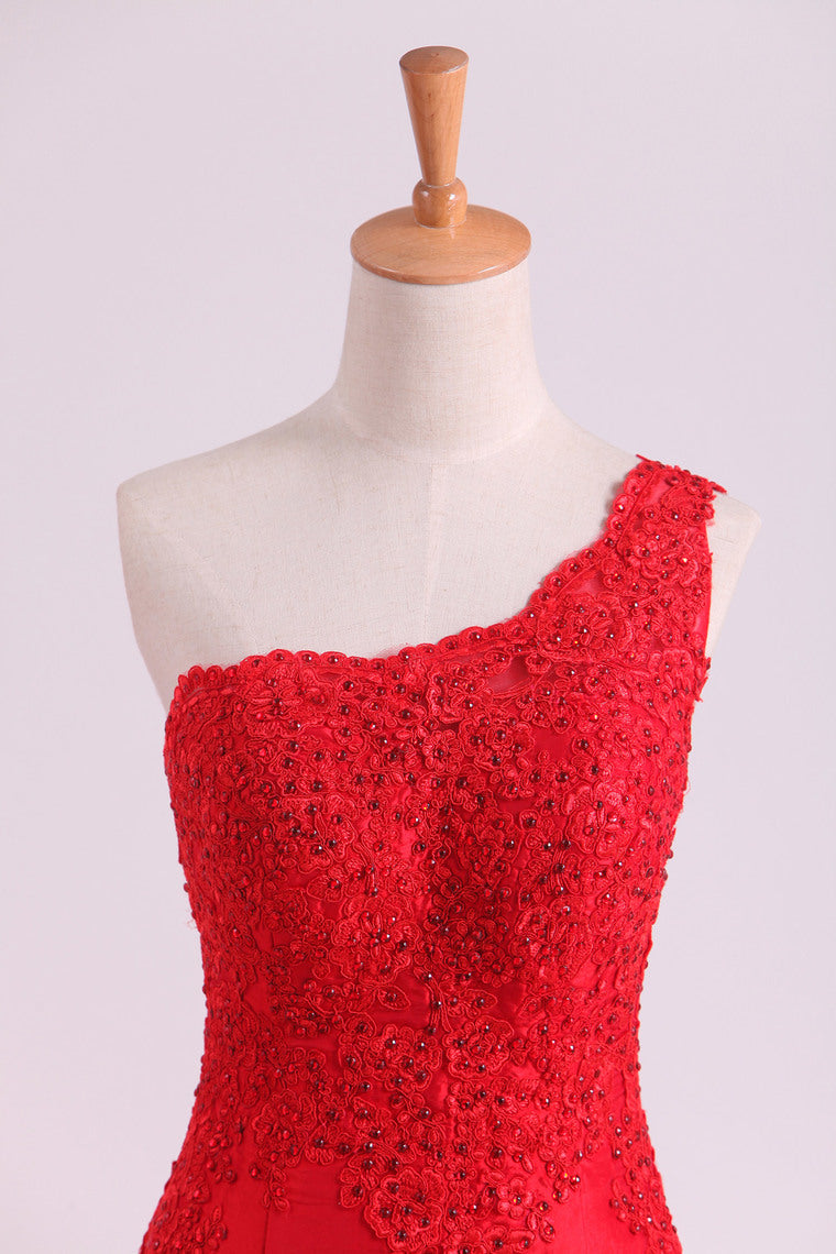 2022 Red One Shoulder Mermaid Prom Dresses Taffeta With Applique & Beads