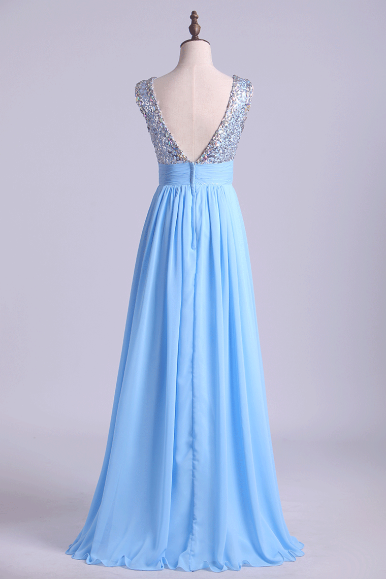 2022 Floor Length Scoop V Back A Line Chiffon Prom Dresses Beaded&Ruffled