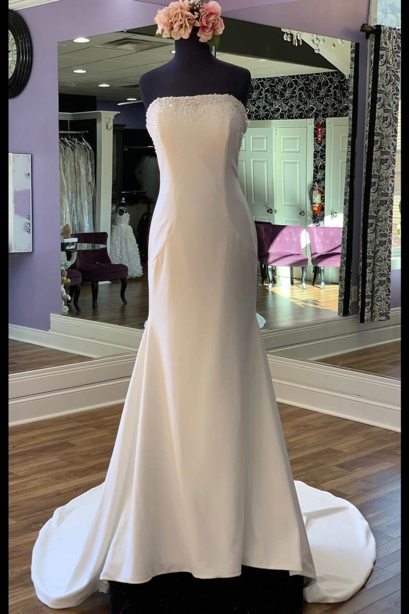 White Beaded Satin Strapless Mermaid Long Wedding Dress