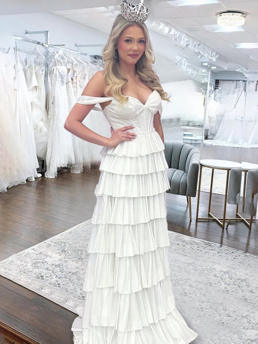 Verve | A Line V Neck Satin Tiered Long Prom Dresses With Beads