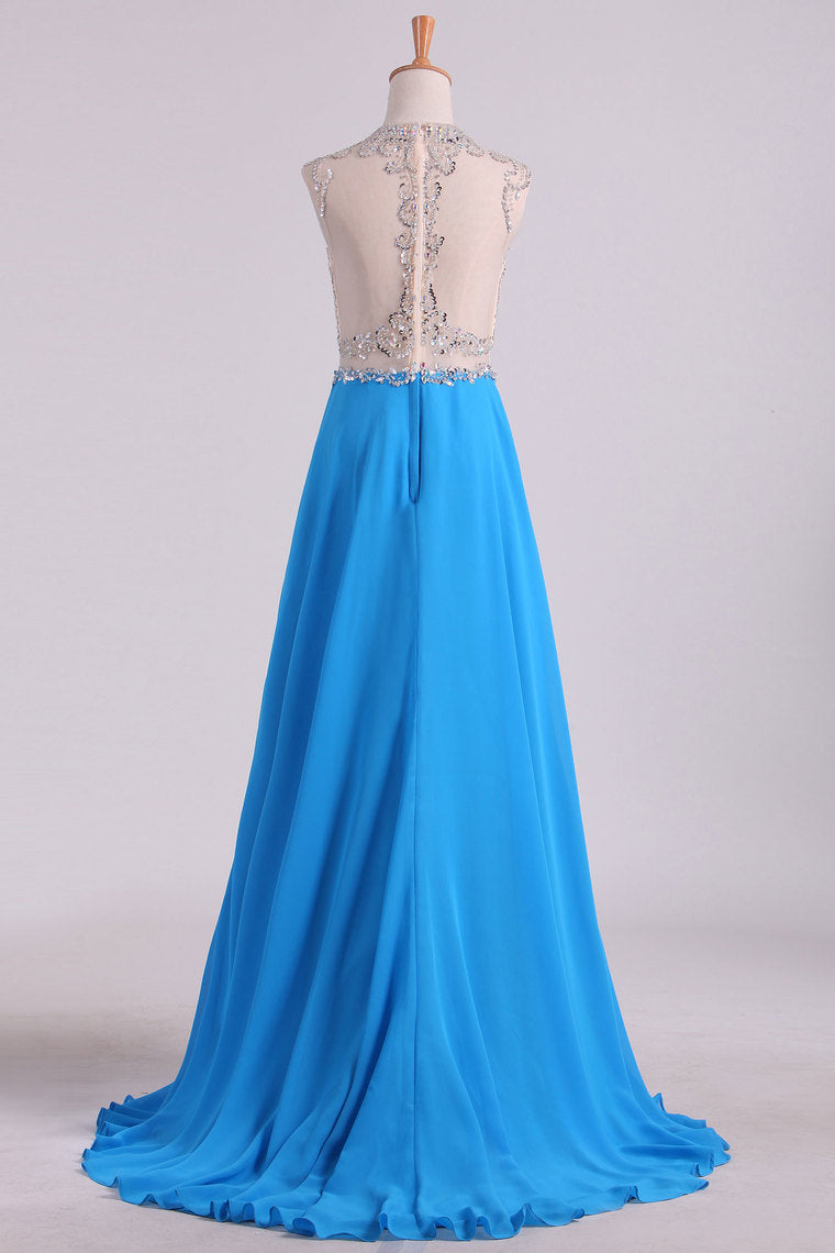 2022 Scoop A Line Prom Dresses Beaded Bodice Chiffon & Tulle With Slit