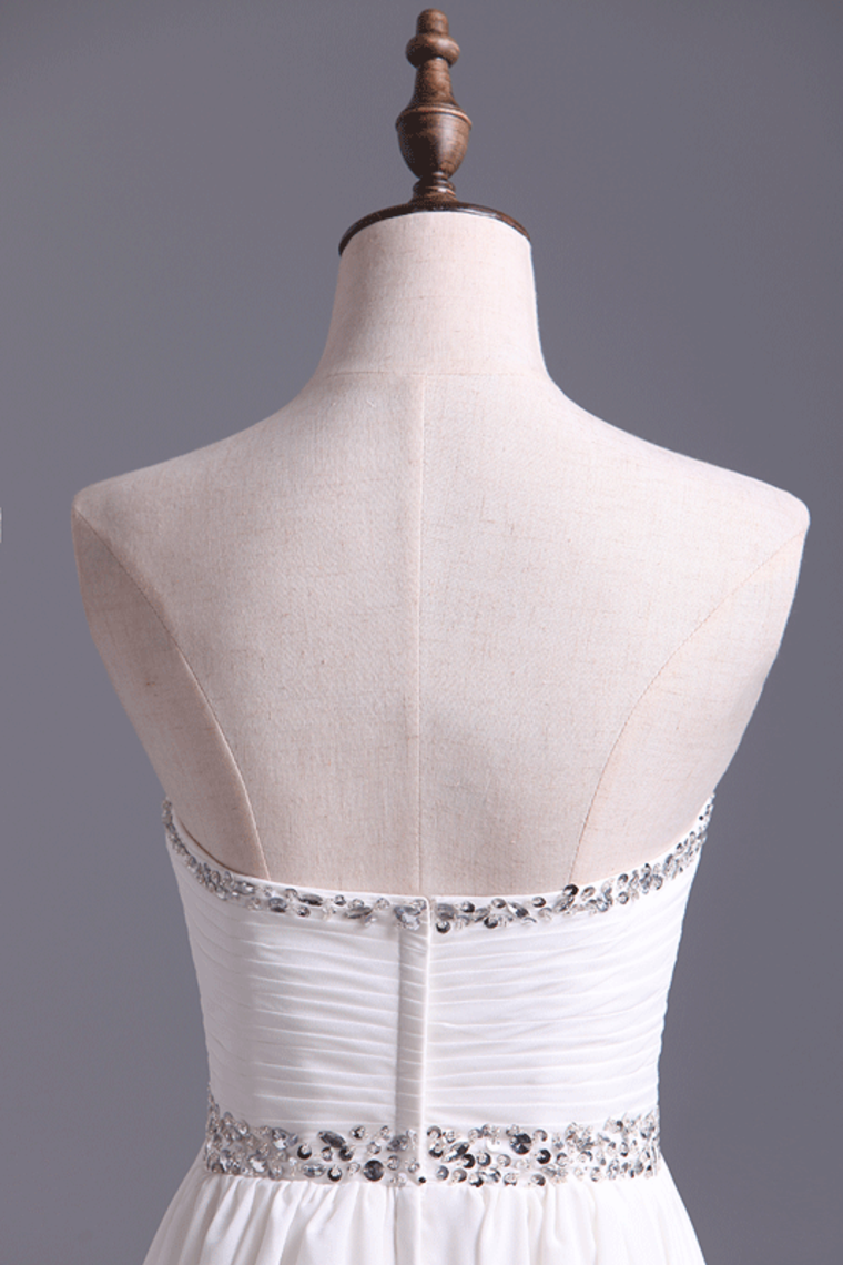2022 Graduation Dress Beaded Sweetheart Neckline And Waistline Pleated Bodice Chiffon White Short/Mini