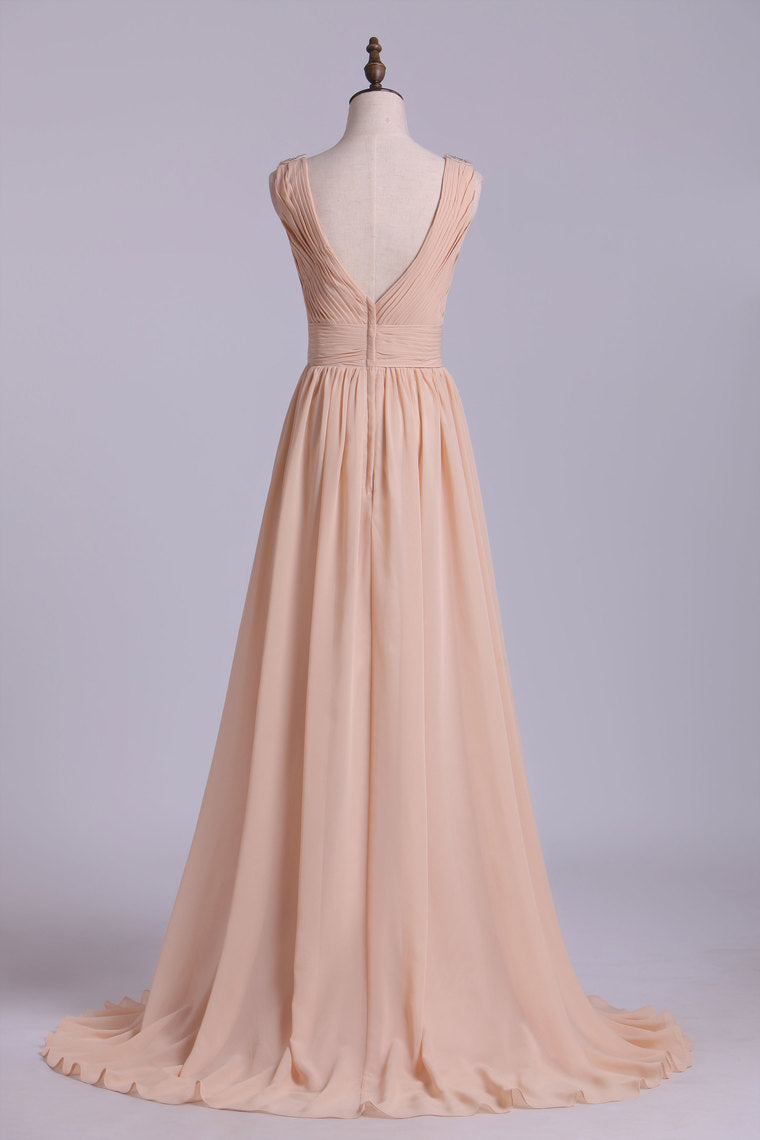 2022 V Neck A Line Chiffon Bridesmaid Dress With Beads Floor Length