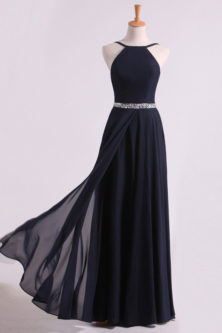 2022 Prom Dresses Spaghetti Straps Beaded Waistline Chiffon Open Back