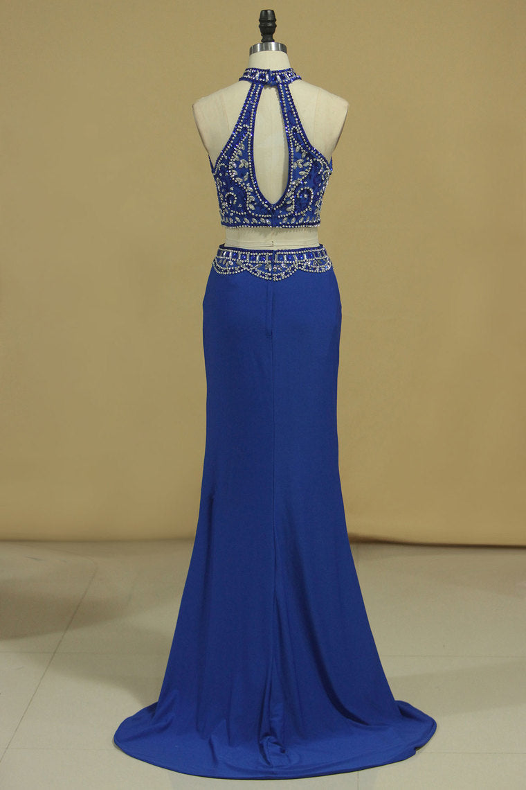 2022 Two Pieces High Neck Beaded Bodice Spandex Prom Dresses Dark Royal Blue