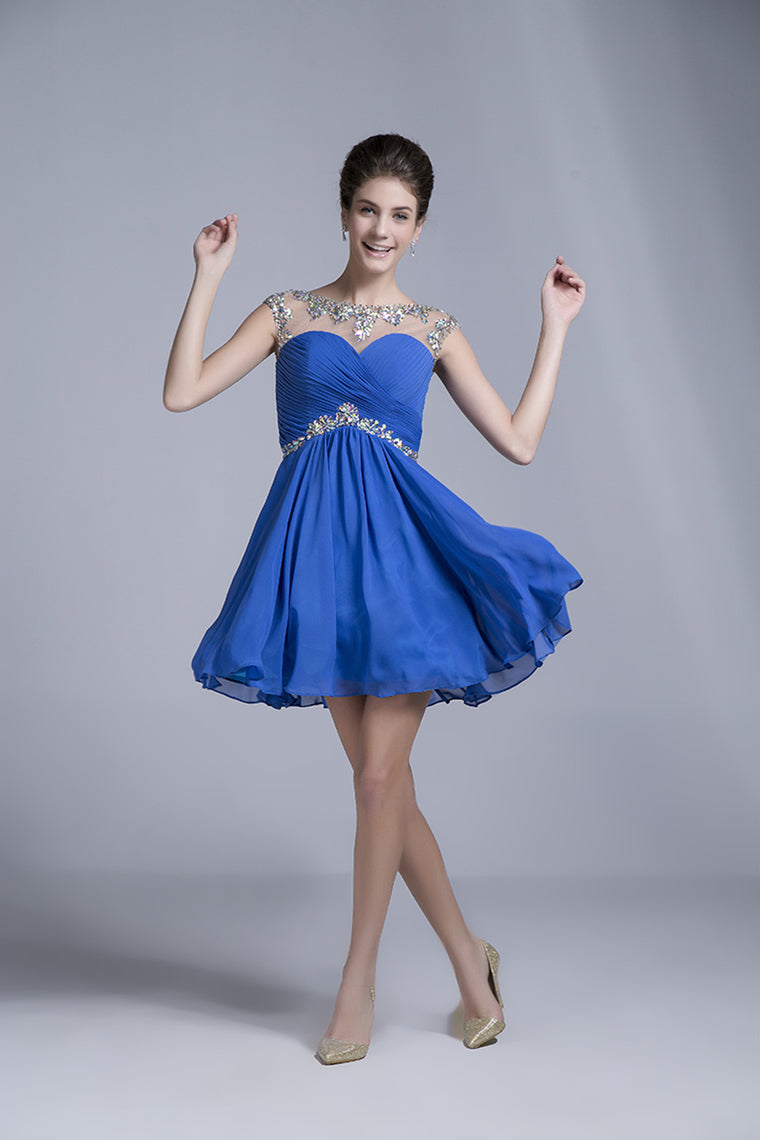 2022 Homecoming Dresses Short/Mini Rulffled&Beaded Chiffon Dark Royal Blue