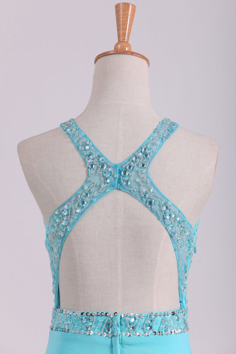 2022 Open Back Scoop With Beading And Slit Spandex Prom Dresses