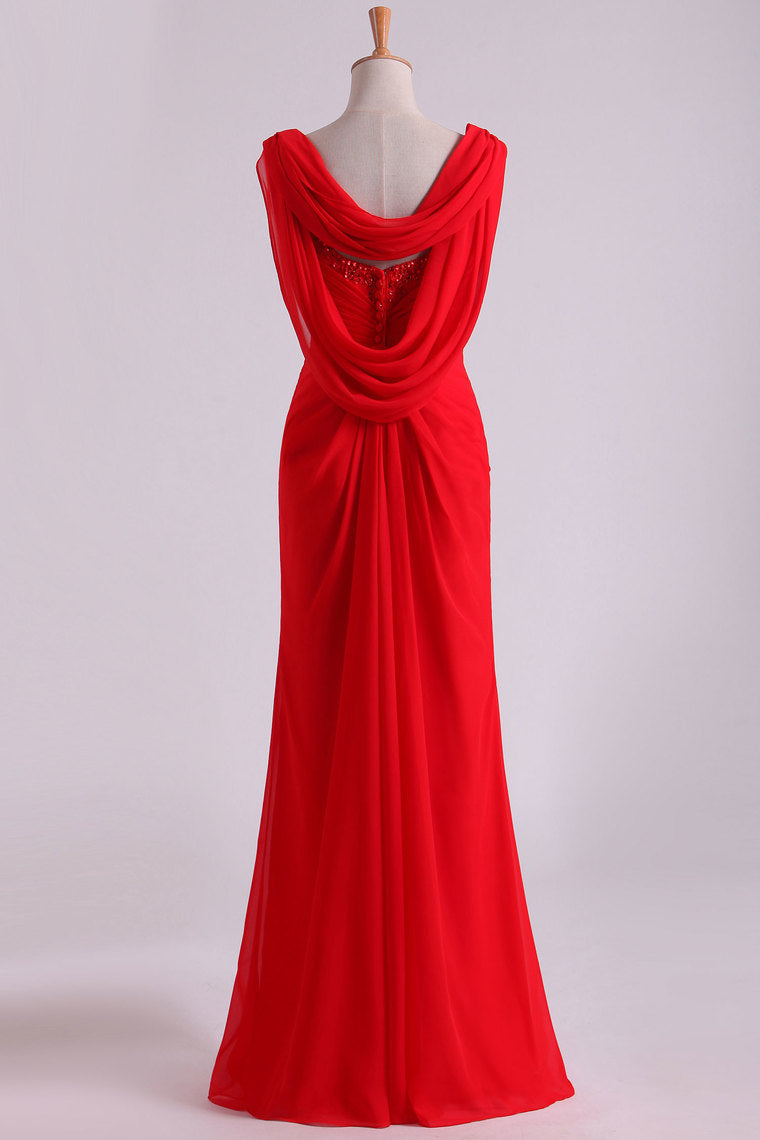 2022 Red Chiffon Evening Dresses Ruffled Bodice Floor Length