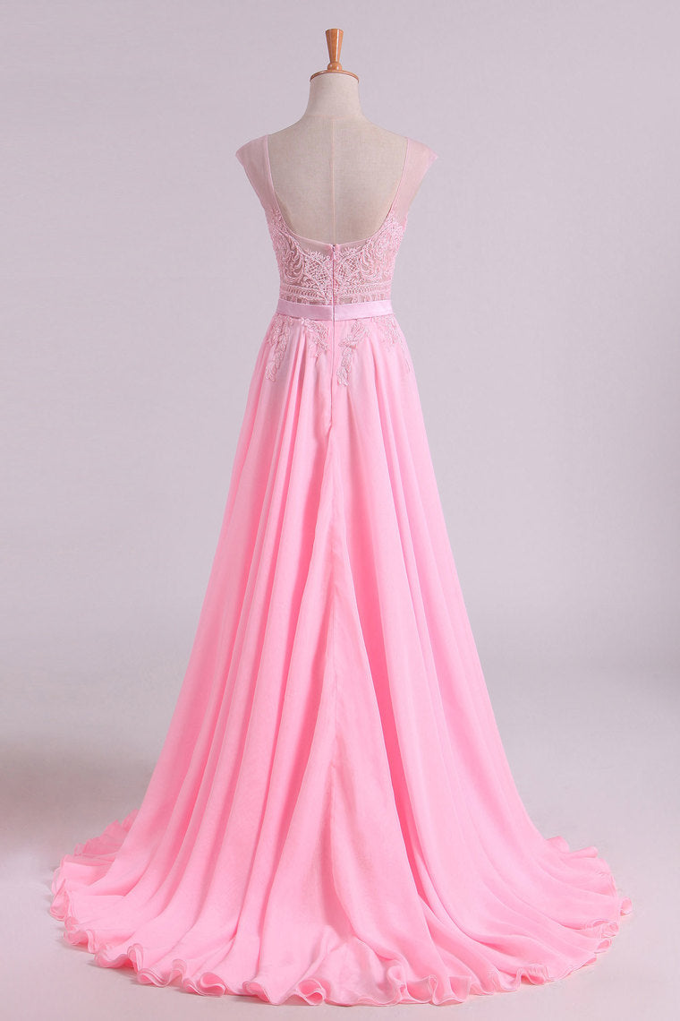 2022 Sexy Prom/Wedding Dresses With High Slit A-Line Scoop Chiffon With Embroidery & Beading