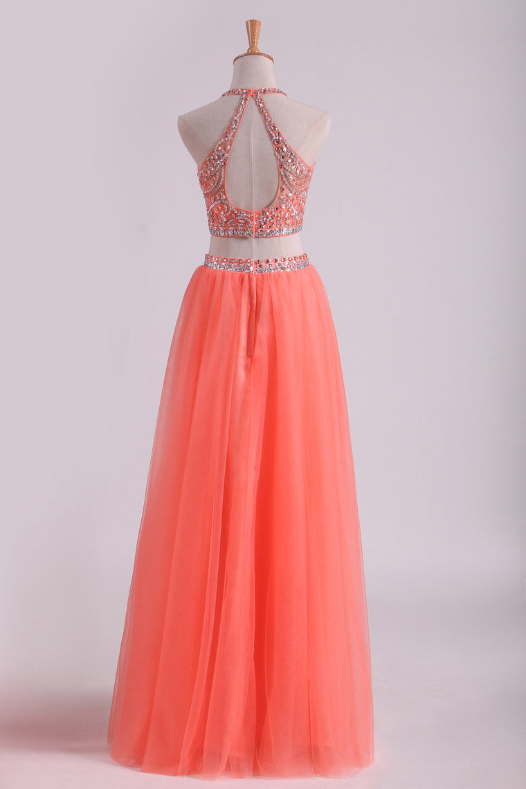 2022 Two-Piece Halter A Line Prom Dresses Beaded Bodice Tulle Floor Length