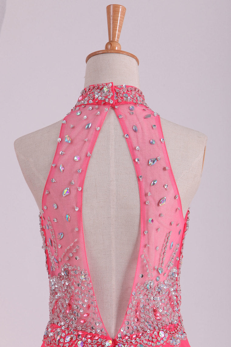 2022 High Neck Prom Dresses A Line Chiffon With Beading Sweep Train