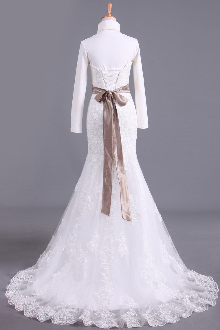 2022 Muslim Sweetheart Wedding Dresses Organza With Applique And Sash Mermaid