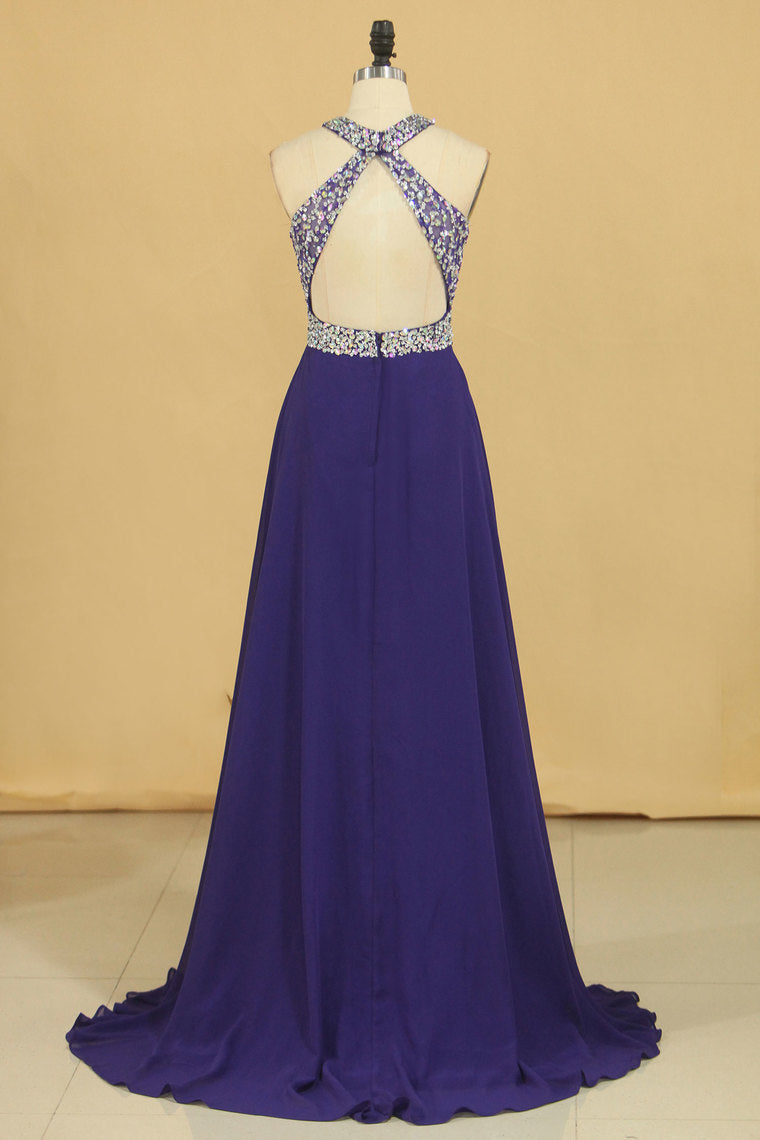 2022 Halter Beaded Bodice Open Back Prom Dresses A Line Chiffon Sweep Train