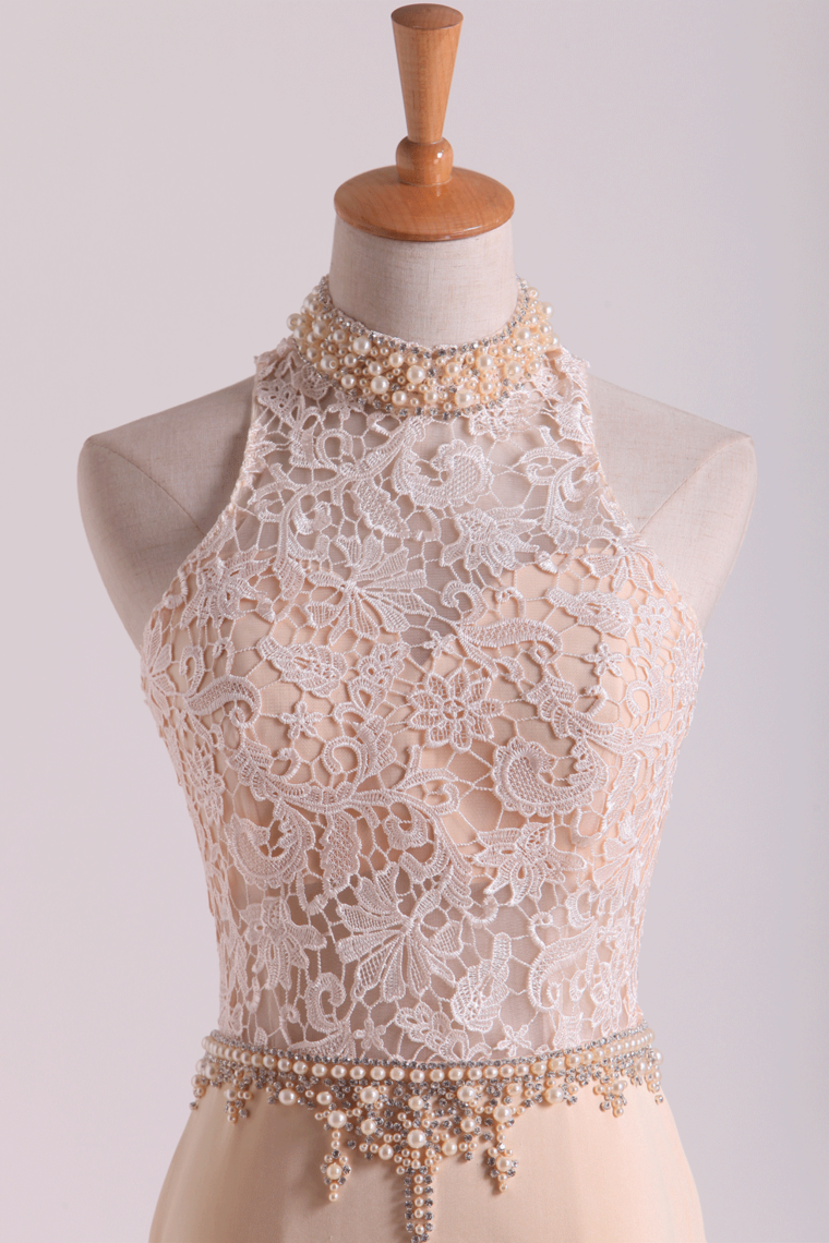 2022 High Neck Prom Dresses Sheath Lace & Spandex Sweep Train
