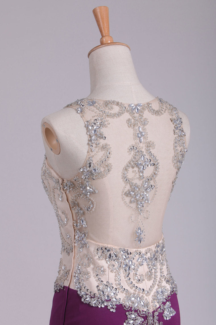 2022 Sheath V Neck Prom Dresses Spandex With Beads Sweep Train